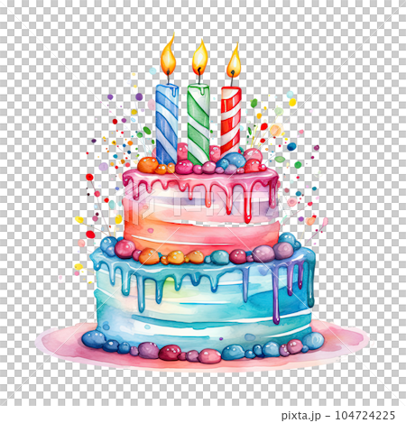 Watercolor Birthday Cake. Illustration AI Generative 104724225
