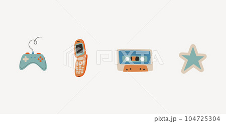 Set of retro elements from the 80s and 90s. Video game joystick, star, clamshell mobile phone, audio cassette. Vector flat trend illustration. 104725304