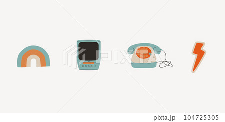 Set of retro elements from the 80s and 90s. TV with VHS, rainbow, landline phone with circular dialing, lightning. Vector flat trend illustration. 104725305