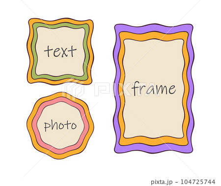 Groovy vintage frame set, 70s colorful palette, black wavy strokes. Flat cartoon design. Text space 104725744