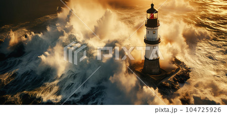 Huge sea waves cover the lighthouse. Storm 104725926