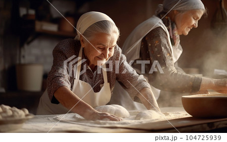 Two grandmothers are baking bread. They knead the dough. Village scene. 104725939
