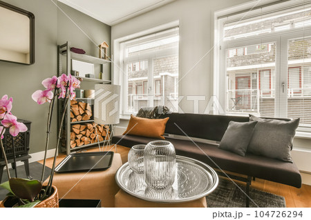 a living room with couch, coffee table and firewood logs in the center of the room is framed by two large windows 104726294