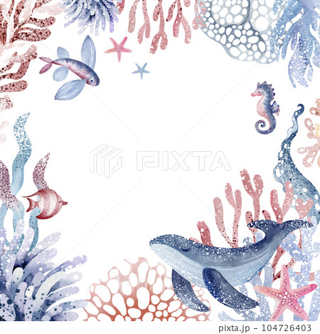 sea animals frame. Frame text space from ocean fish, turtle, whale and coral. Nautical illustration of sea dolphins, jellyfish, starfish sea animals frame. Frame text space from ocean fish, turtle, whale and coral. Nautical illustration of sea dolphins, jellyfish, starfish 104726403