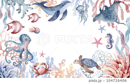 sea animals frame. Frame text space from ocean fish, turtle, whale and coral. Nautical illustration of sea dolphins, jellyfish, starfish 104726406
