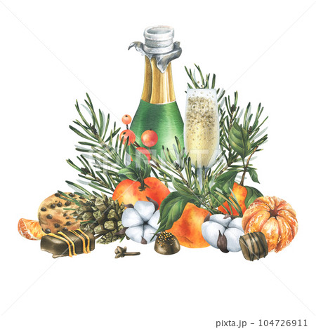 Christmas decor with tangerines, champagne. sweets and pine branches. Watercolor illustration, hand drawn. For congratulations and holiday. Isolated composition on a white background. 104726911