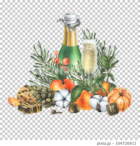 Christmas decor with tangerines, champagne. sweets and pine branches. Watercolor illustration, hand drawn. For congratulations and holiday. Isolated composition on a white background. 104726911