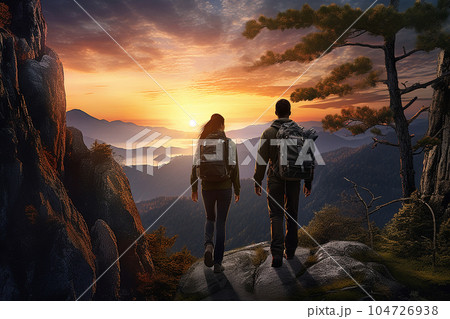A young couple of hikers walk along a mountain path at sunset. 104726938