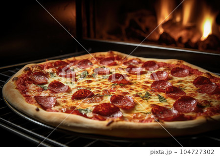 Traditional pepperoni pizza freshly made in the oven 104727302