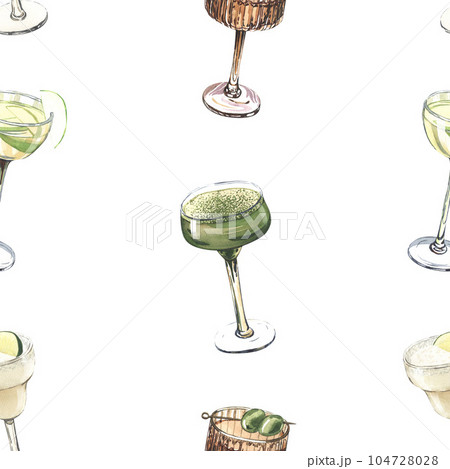Watercolor seamless pattern, cocktail glasses: matcha martini, margarita. Hand-drawn illustration isolated on white background. Perfect for recipe lists with alcoholic drinks, for cafe Watercolor seamless pattern, cocktail glasses: matcha martini, margarita. Hand-drawn illustration isolated on white background. Perfect for recipe lists with alcoholic drinks, for cafe 104728028