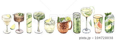 Watercolor banner cocktail glasses: martini, gin,margarita,mojito,liquor,rum,moscow mule. Hand-drawn illustration isolated on white background. Perfect for recipe lists with alcoholic drinks, for cafe 104728038