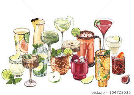 Watercolor group cocktail glasses: martini, gin,margarita,mojito,liquor,rum,moscow mule. Hand-drawn illustration isolated on white background. Perfect for recipe lists with alcoholic drinks, for cafe 104728039