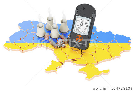 Nuclear power stations on Ukrainian map with radiation dosimeter, 3D rendering 104728103