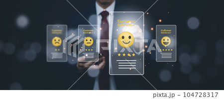Man touch smartphone with Customer review satisfaction feedback survey concept, User give rating to service experience on online application, service leading to reputation ranking of business. 104728317