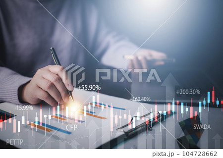Business people touch planning and strategy, Stock market, Business growth down, Concept of financial crisis, echnical price graph and indicator, red candlestick chart with analyzing forex trading. 104728662