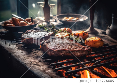 Bbq steak with sauce, meat and barbecue tools, in the style of intense atmosphere. Generative AI 104728685