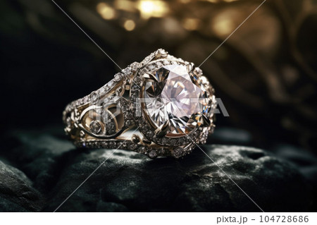 Close up diamond ring jewelry. A diamond engagement ring. Generative AI 104728686