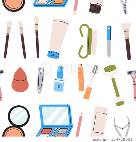 Beauty salon pattern. Makeup seamless background. Beauty salon tools. Makeup tools banner. Beauty salon pattern. Makeup seamless background. Beauty salon tools. Makeup tools banner. 104729052