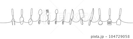 Kitchen utensils one line continuous drawing. Kitchen spatula, ladle, spoon, knife, fork, wheel pizza cutter, cooking whisk one line illustration. 104729058