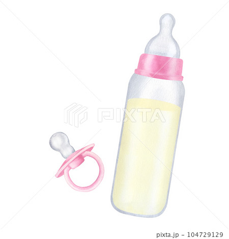 Pink bottle and pacifier, dummy. Milk infant formula. Newborn girl. Hand drawn watercolor illustration isolated on white background. Gender reveal party, baby shower Pink bottle and pacifier, dummy. Milk infant formula. Newborn girl. Hand drawn watercolor illustration isolated on white background. Gender reveal party, baby shower 104729129