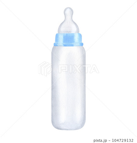 Blue bottle, silicone nipple. Milk infant formula. Newborn girl. Hand drawn watercolor illustration isolated on white background. Gender reveal party, baby shower 104729132