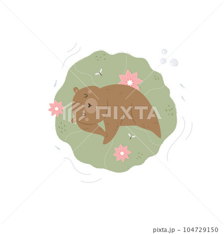 Top view illustration of a sleeping bear floating in the pond. 104729150