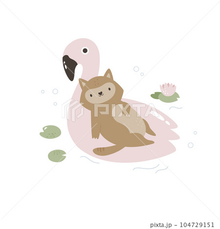 Vector illustration of a funny wolf floating on a pink flamingo Vector illustration of a funny wolf floating on a pink flamingo 104729151