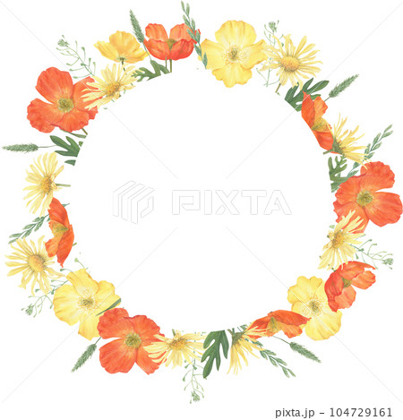 Wreath of summer flowers hand-drawn in watercolor. Floral elements on a white background for creating postcards, patterns and packaging. Wreath of summer flowers hand-drawn in watercolor. Floral elements on a white background for creating postcards, patterns and packaging. 104729161