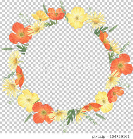 Wreath of summer flowers hand-drawn in watercolor. Floral elements on a white background for creating postcards, patterns and packaging. Wreath of summer flowers hand-drawn in watercolor. Floral elements on a white background for creating postcards, patterns and packaging. 104729161