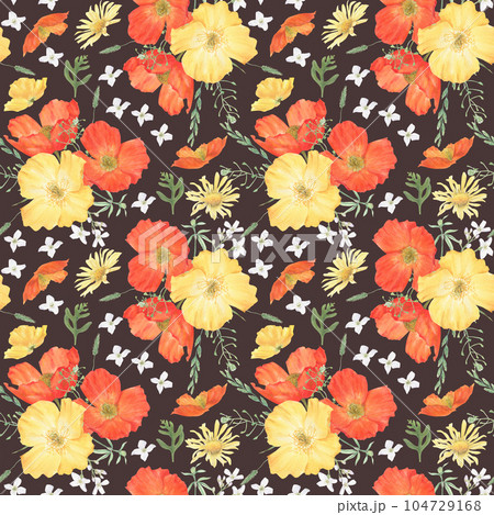 Seamless pattern of summer flowers hand drawn in watercolor. Floral elements on a white background for creating postcards, patterns and packaging. 104729168
