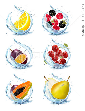 Set of fruits and berries in water splash. Apricot, watermelon, cherry, papaja, pineapple, limon, orange, mint, strawberry? blackberry, raspberry, mango in water splash and drops. Vector illustration. Set of fruits and berries in water splash. Apricot, watermelon, cherry, papaja, pineapple, limon, orange, mint, strawberry? blackberry, raspberry, mango in water splash and drops. Vector illustration. 104729474
