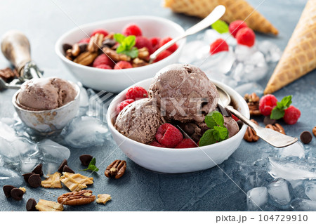 Chocolate ice cream with fresh berries in bowls 104729910