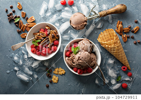 Chocolate ice cream with fresh berries in bowls 104729911