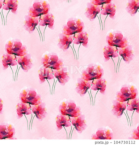 Delicate seamless pattern with bright pink watercolor poppies flowers with leaves. Tender watercolour flower bouquets background for textile design, wrapping paper, wallpaper 104730112