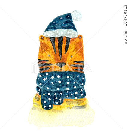 Cute watercolor orange tiger in blue dotted scarf and Christmas hat. Childish cartoon New Year illustration with cheerful cat animal for greeting card design, banner, sticker, poster Cute watercolor orange tiger in blue dotted scarf and Christmas hat. Childish cartoon New Year illustration with cheerful cat animal for greeting card design, banner, sticker, poster 104730113