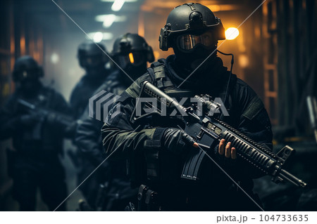 Groiup of a special forces soldiers during special operation in underground bunker. 104733635