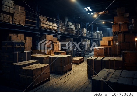 Industrial interior of a factory warehouse. Industrial interior of a factory warehouse. 104733636
