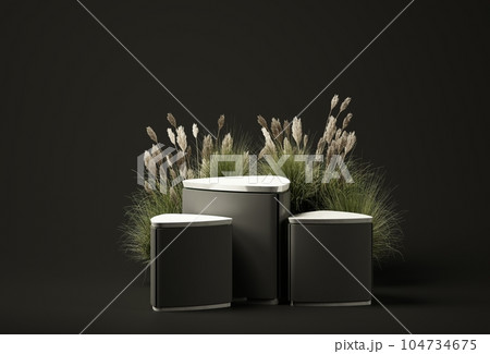Futuristic marble countertops and beige color table surfaces on black background and wheat bouquet. For illustration mockup. 3d render  104734675