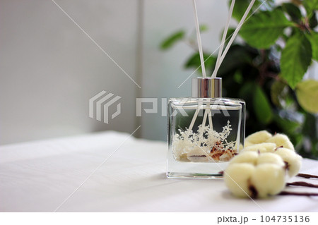 Clear glass bottle diffuser with sea shells and cotton fragrance concept 104735136