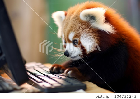 パソコン作業をするレッサーパンダのイメージ（タイピング中）　AI生成 104735243