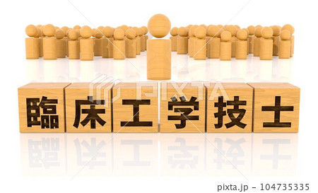 臨床工学技士の文字が印字された木製ブロックと木製棒人間 臨床工学技士の文字が印字された木製ブロックと木製棒人間 104735335