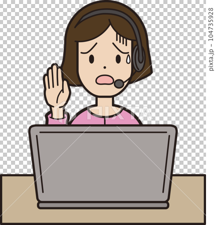 A young woman in pink clothes answering the phone while typing on a computer call center troubled face raises her hand 104735928