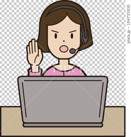 パソコン入力をしながら電話応対をするピンクの服の若い女性　コールセンター 怒り顔 手をあげる 104735930