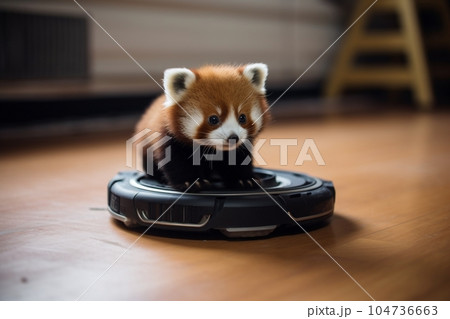 ロボット掃除機に乗るレッサーパンダの子供　AI生成 104736663