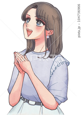 見上げながら感心する、少女まんが風のお姉さんイラスト 104736966
