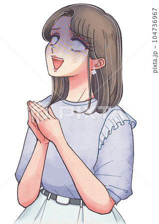手を合わせて落ち込む、70s少女漫画風のお姉さんイラスト 手を合わせて落ち込む、70s少女漫画風のお姉さんイラスト 104736967