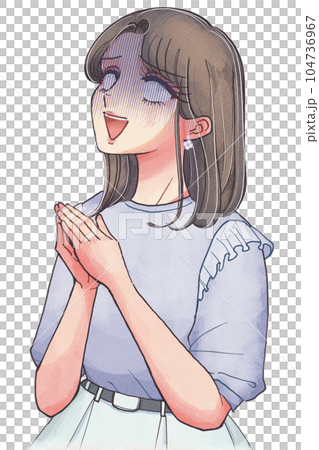 手を合わせて落ち込む、70s少女漫画風のお姉さんイラスト 手を合わせて落ち込む、70s少女漫画風のお姉さんイラスト 104736967