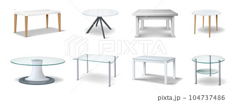 Realistic tables. Wooden and glass tabletops. Round or square wood desk. Coffee circle top side in perspective. Plastic office furniture design. Vector furnishing 3D modern elements set Realistic tables. Wooden and glass tabletops. Round or square wood desk. Coffee circle top side in perspective. Plastic office furniture design. Vector furnishing 3D modern elements set 104737486