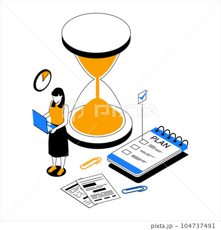 Time management. People organize productive work and effective task schedule. Hourglass and goals planner. Deadline clock. Office worker with laptop. Efficient workflow. Vector concept 104737491