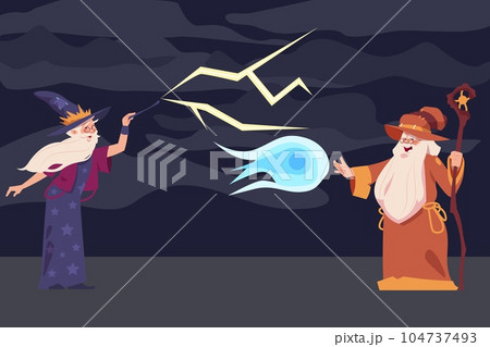 Cartoon wizard fight. Magic duel. Male characters in robes costume and hats with silver beard making mystery spells. Using wand and stick. Witchcraft competition scene. Vector illustration 104737493